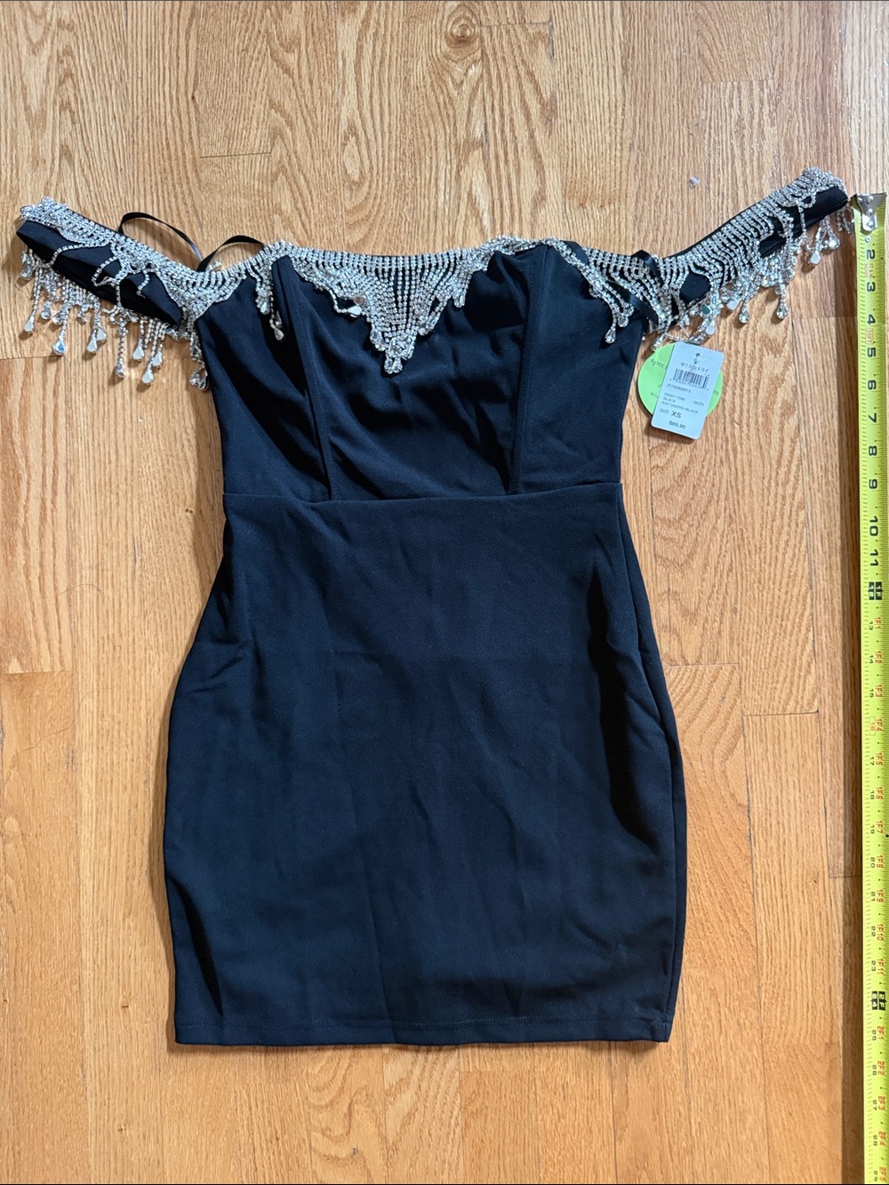 Windsor Black Off-Shoulder Mini Dress with Crystal Fringe